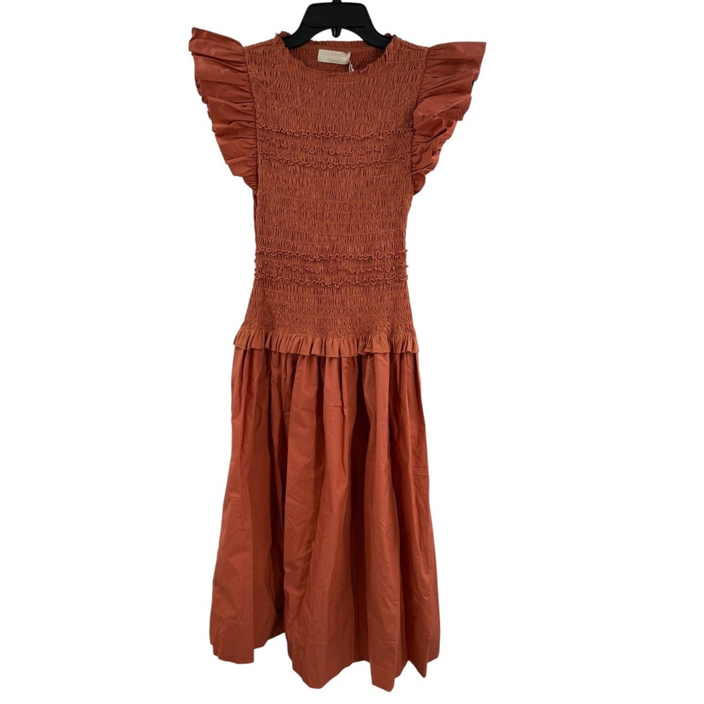 Ulla Johnson Poplin Ruffled Women's Sz 4 Madeline Cotton Smocked Midi Dress NWT